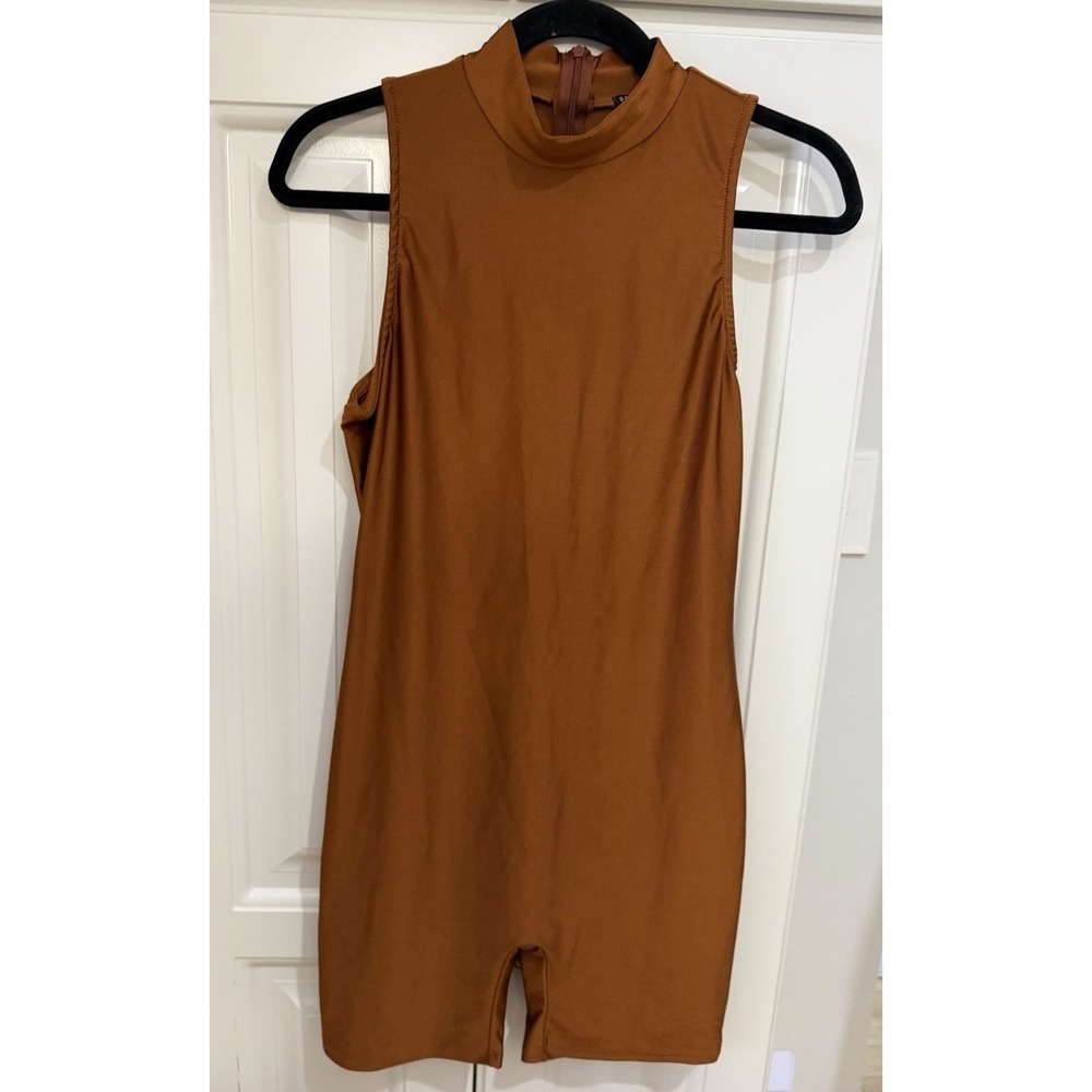 Fashion‎ Nova Aria Romper Mocha Size L Sleeveless Mock Neck Biker Shorts Stretch